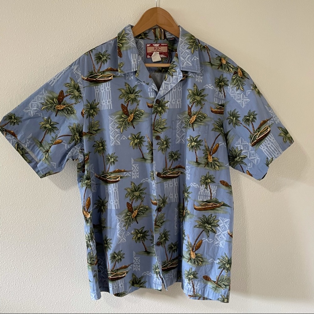 RJC Hawaii Aloha Shirt Blue Palm Canoe Button-XL